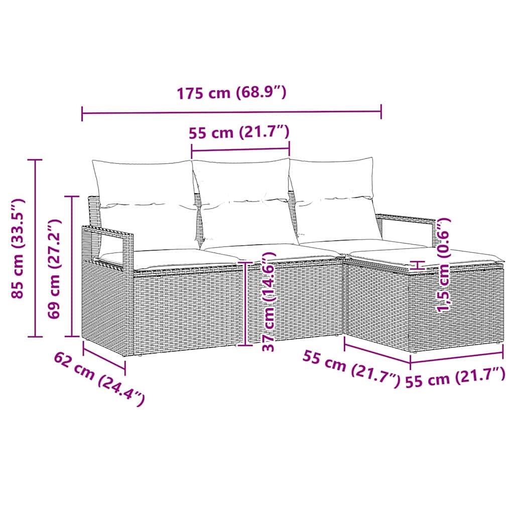vidaXL Conjunto de Sofás com almofada 4 pcs Preto vime PE