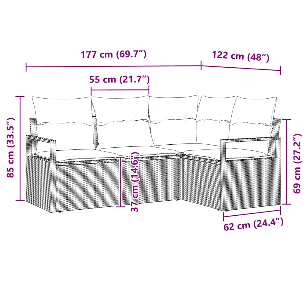 vidaXL Conjunto de Sofás 4 pcs Preto vime PE