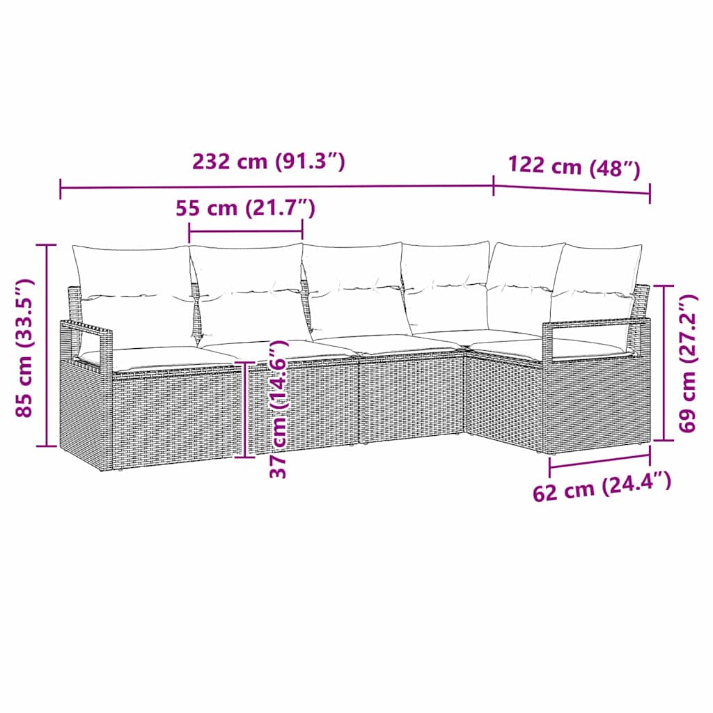 vidaXL Conjunto de Sofás com almofada 5 pcs Preto vime PE