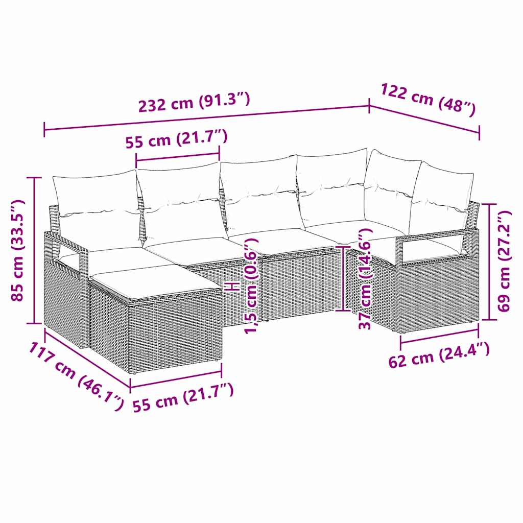 vidaXL Conjunto de Sofás com almofada 6 pcs Preto vime PE