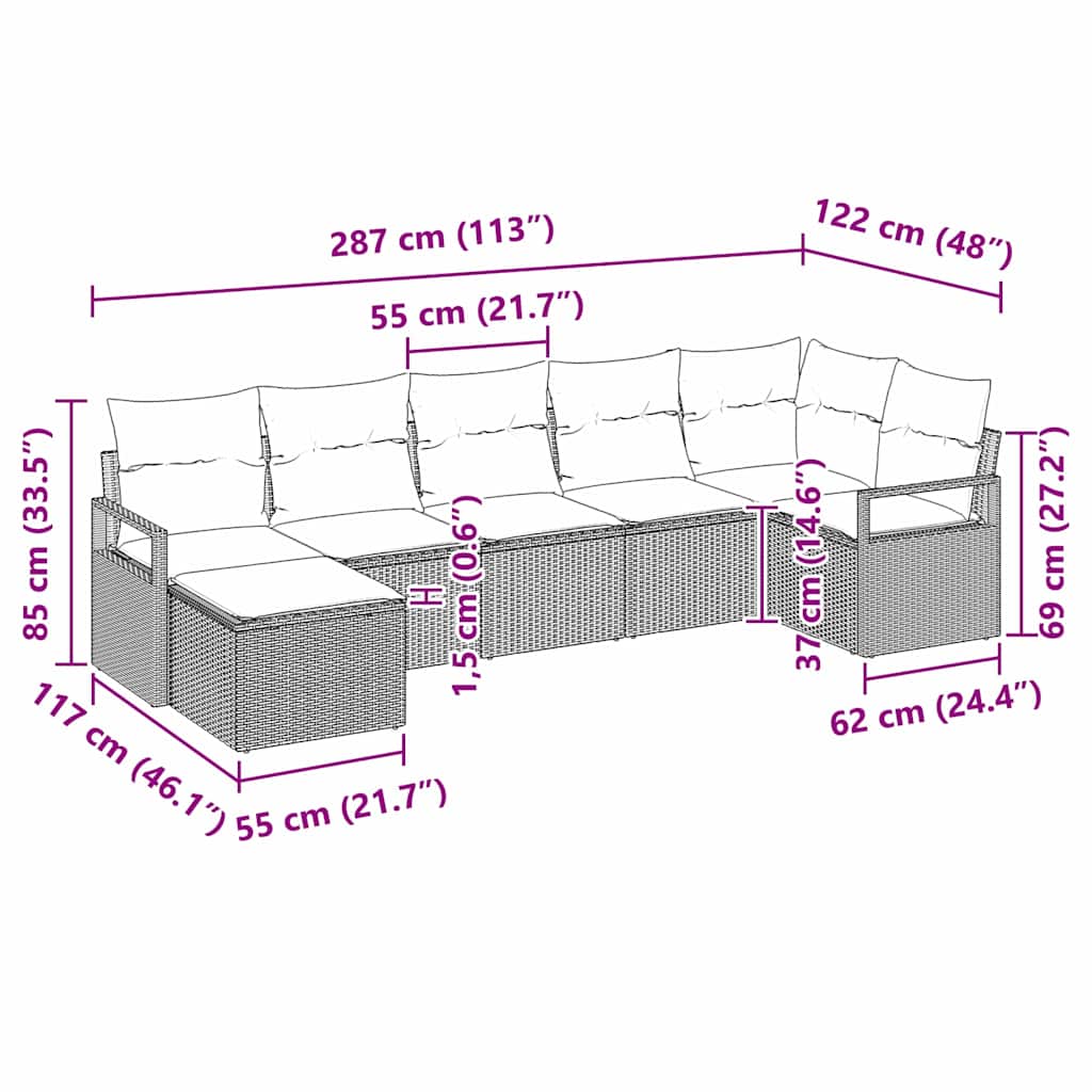 vidaXL Conjunto de Sofás com almofada 7 pcs Preto vime PE