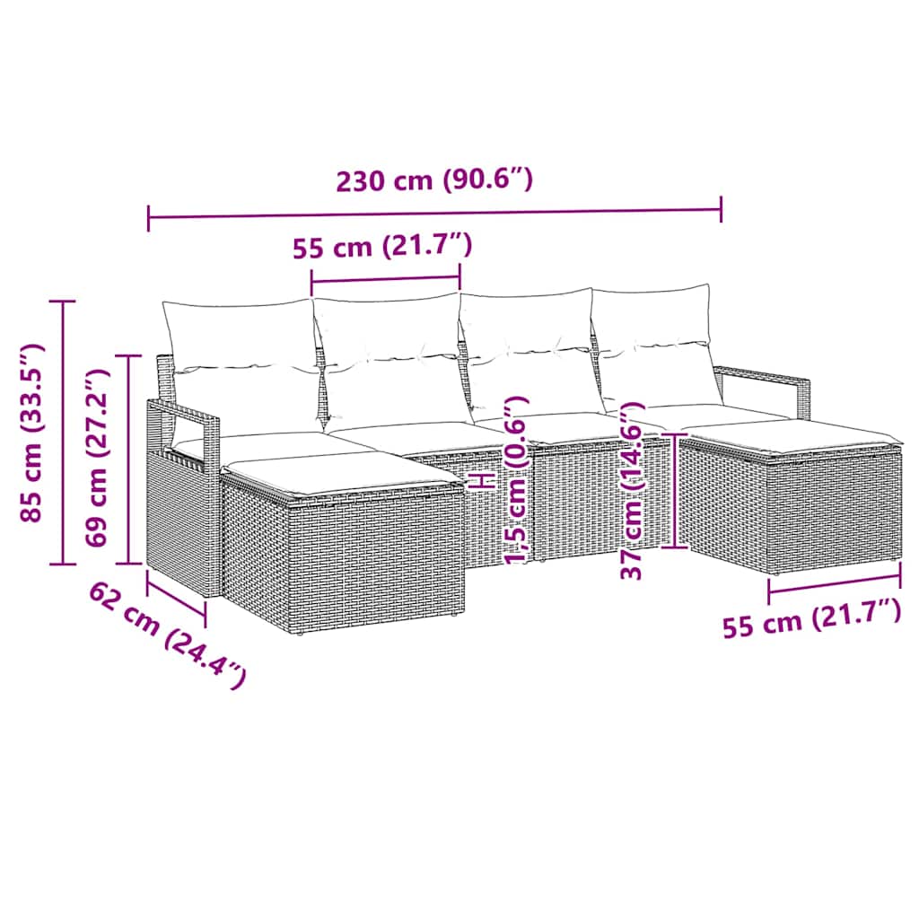 vidaXL Conjunto de Sofás 6 pcs Preto vime PE