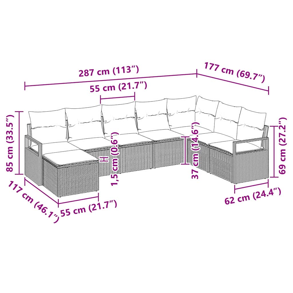 vidaXL Conjunto de Sofás com almofada 8 pcs Preto vime PE