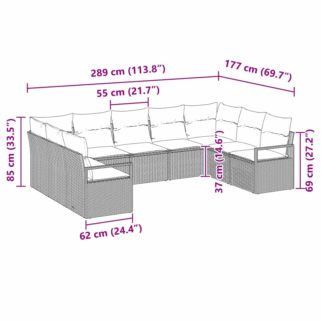 vidaXL Conjunto de Sofás com almofada 9 pcs Preto vime PE