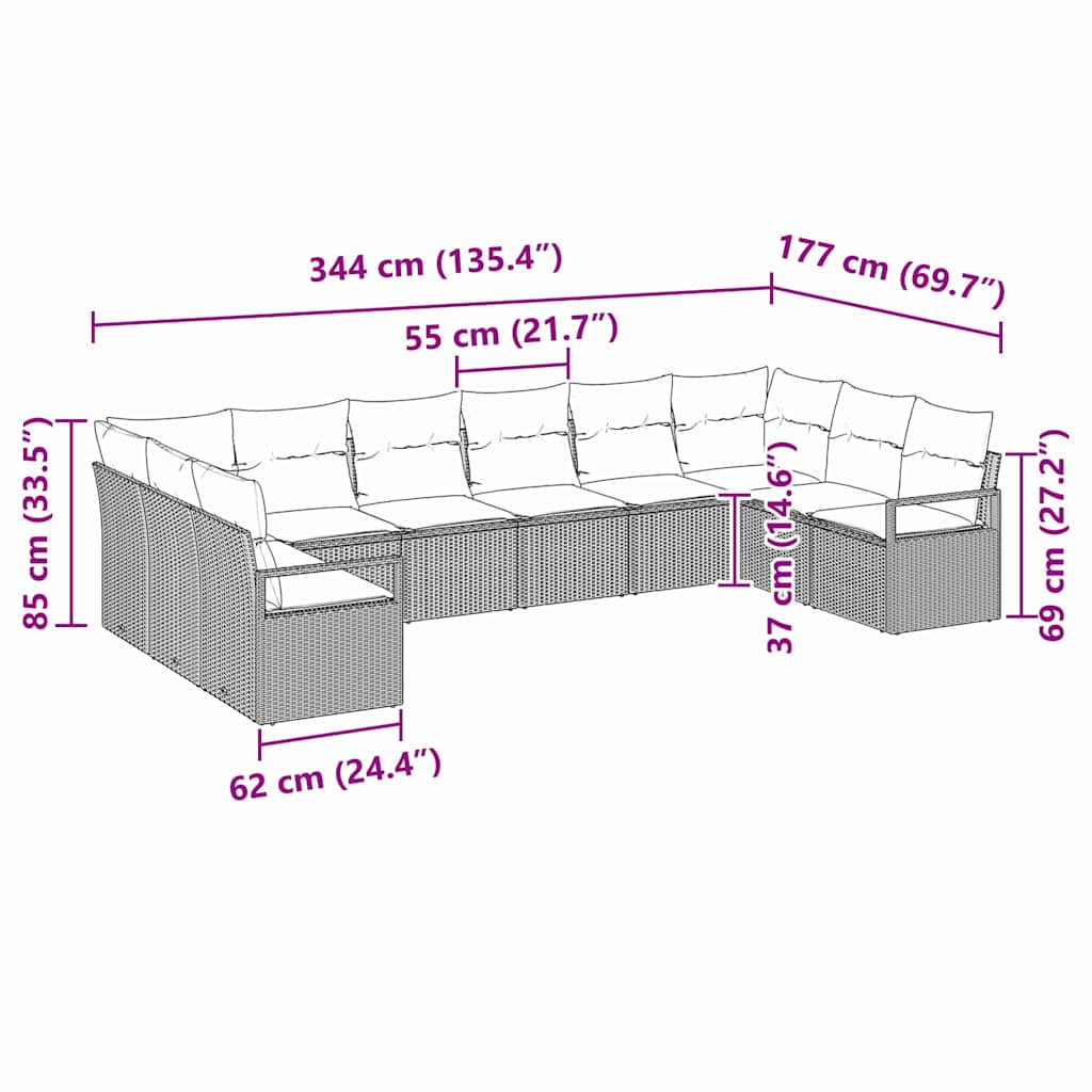 vidaXL Conjunto de Sofás com almofada 10 pcs Preto vime PE