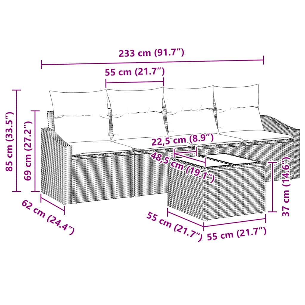 vidaXL Conjunto de Sofás com almofada 5 pcs Preto e Creme vime PE