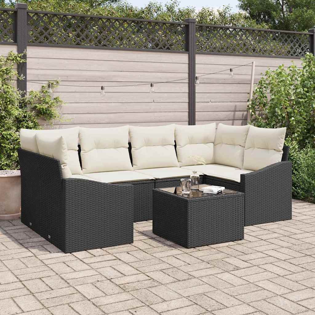 vidaXL Conjunto de Sofás com almofada 7 pcs Preto e Creme vime PE