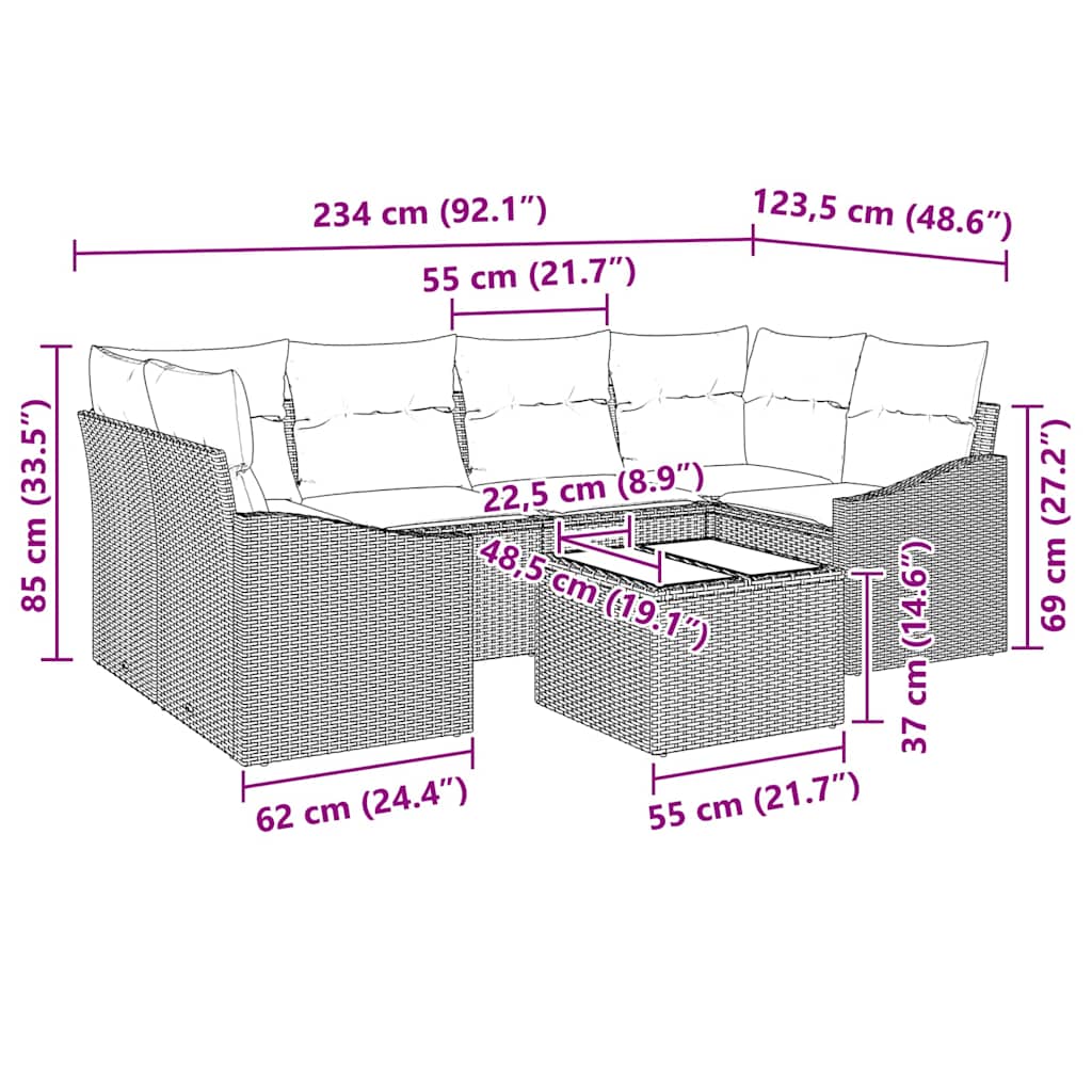 vidaXL Conjunto de Sofás com almofada 7 pcs Preto e Creme vime PE