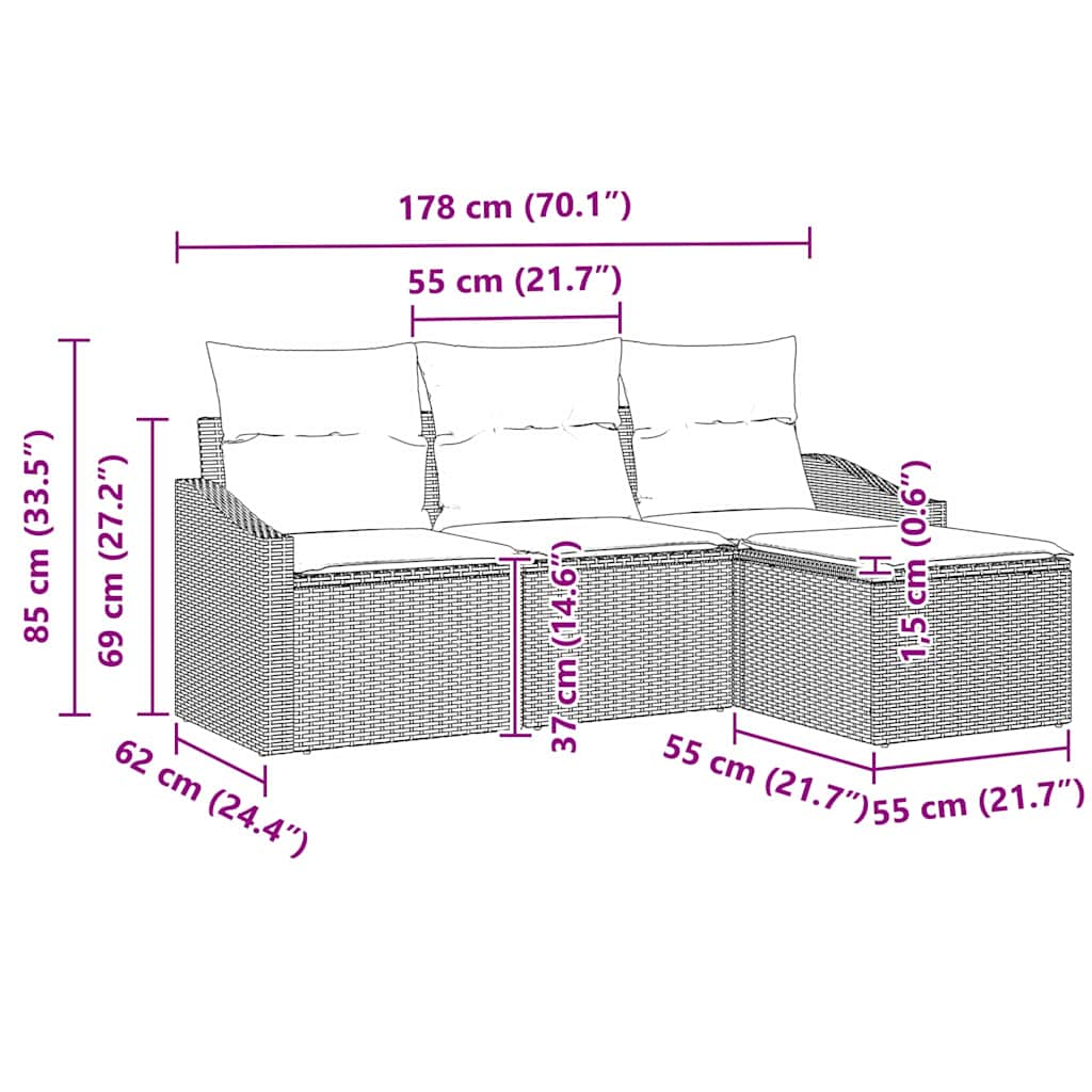 vidaXL Conjunto de Sofás com almofada 4 pcs Preto vime PE