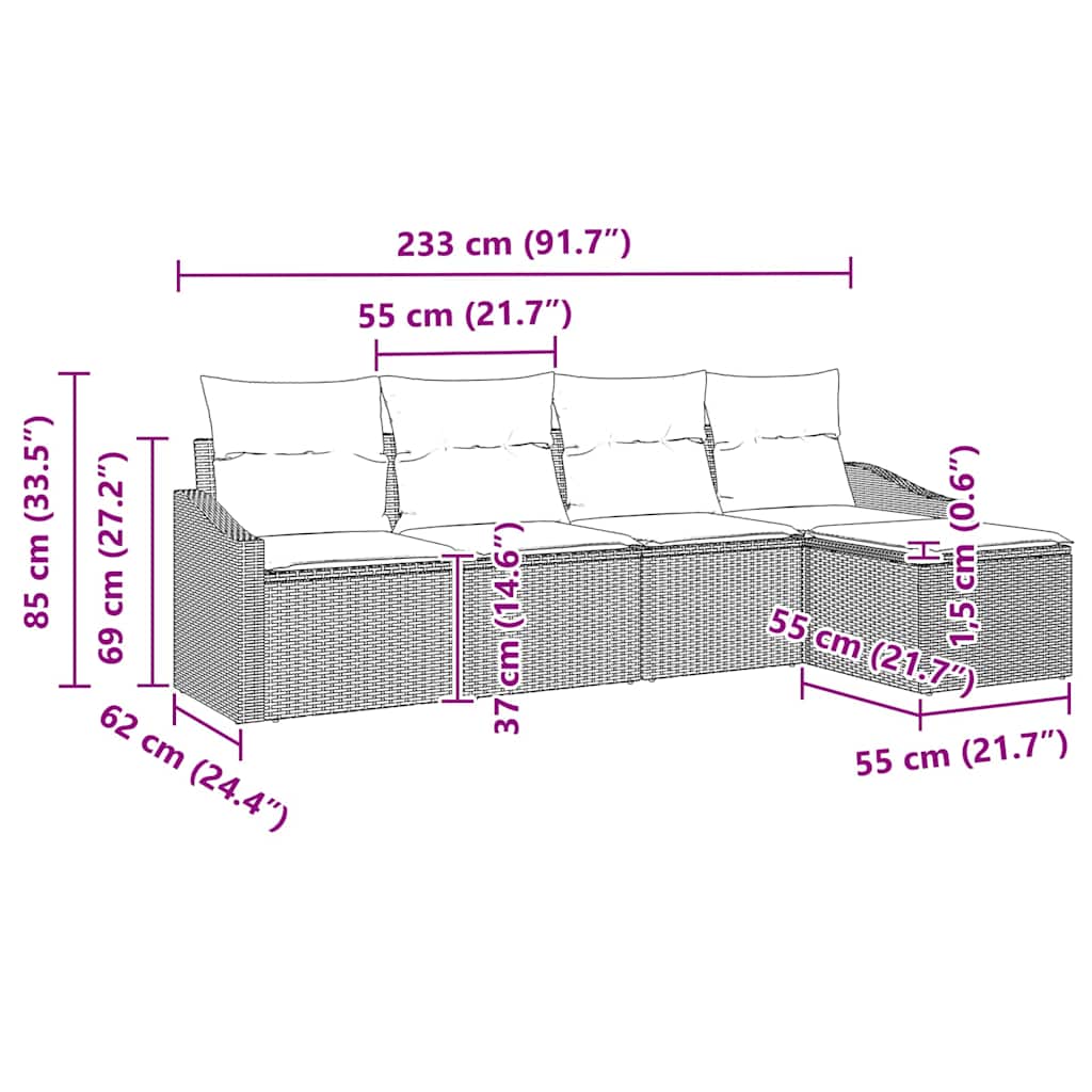 vidaXL Conjunto de Sofás com almofada 5 pcs Preto vime PE