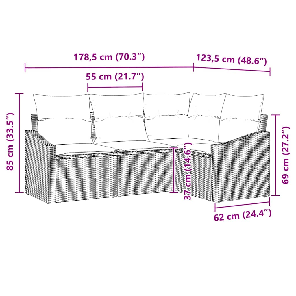 vidaXL Conjunto de Sofás com almofada 4 pcs Preto vime PE