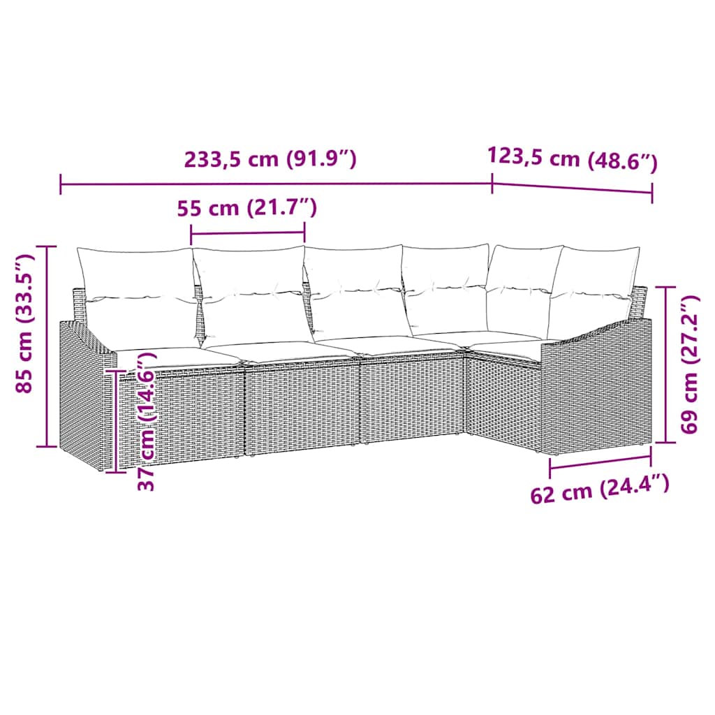 vidaXL Conjunto de Sofás com almofada 5 pcs Preto vime PE
