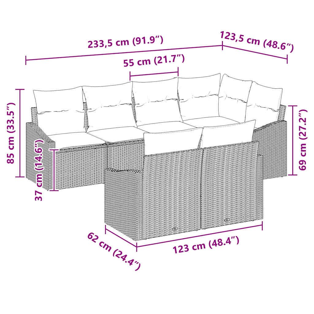 vidaXL Conjunto de Sofás com almofada 7 pcs Preto vime PE