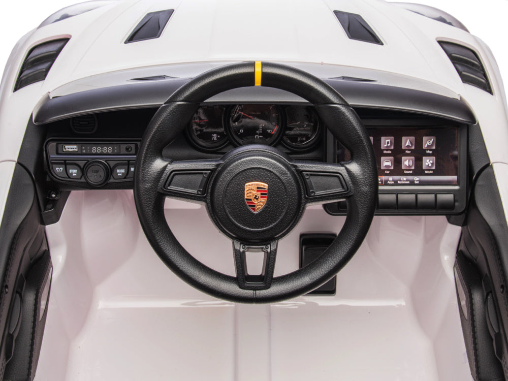 Porsche Spyder RS, 12 volt Kinder Accu Auto, rubberen banden, leder zitje en meer!