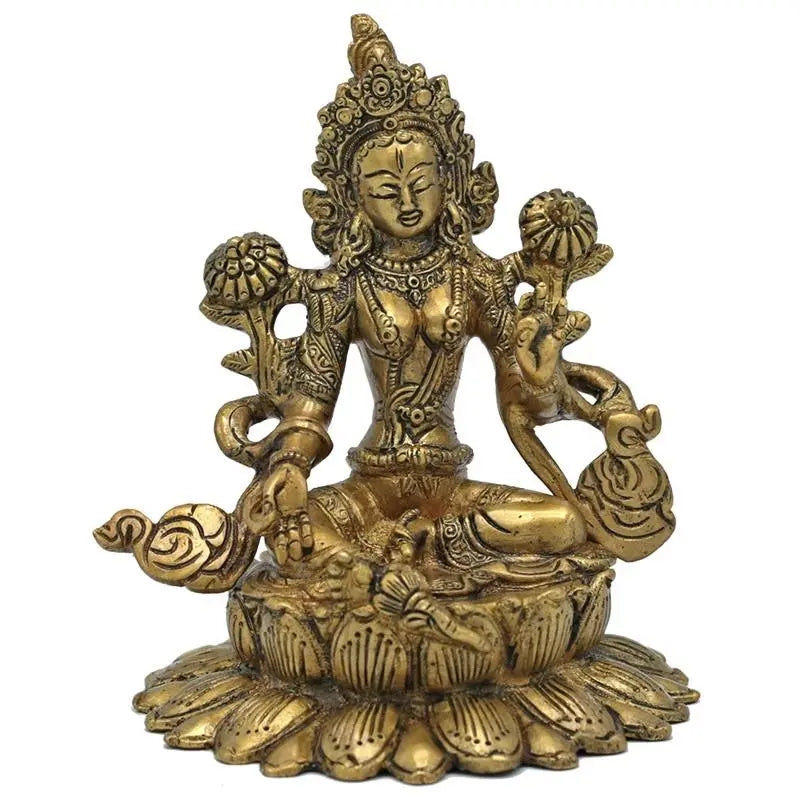 Estátua de Tara verde sentada em lotus - 15.5 cm
