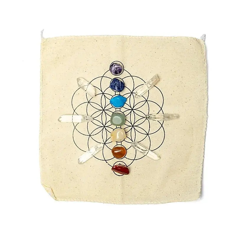 Kit de cristais dos 7 chakras com grelha e pontas de quartzo