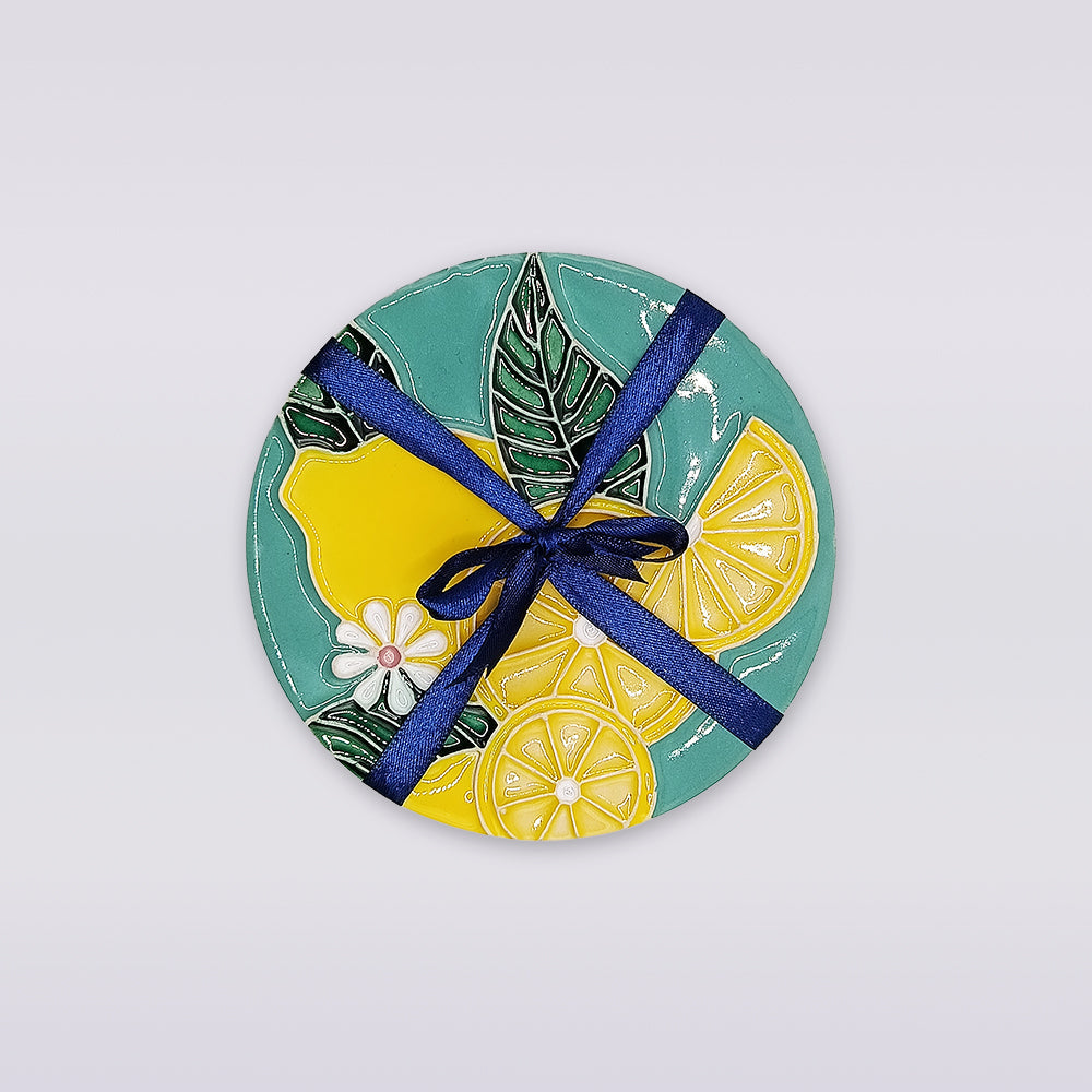 Lemon Blossom Hand-Painted Ceramic Coaster