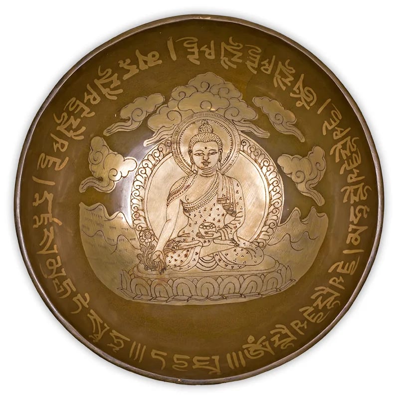 Taça tibetana Buda da medicina com batente em madeira