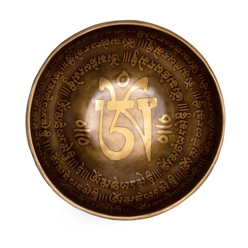 Taça tibetana Om Mani Pad Me Hum com batente em madeira