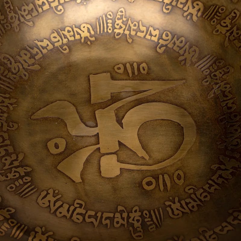 Taça tibetana Om Mani Pad Me Hum com batente em madeira