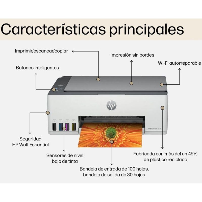 Impressora Multifunções Recarregável HP Smart Tank 5105 / Wifi / Branco