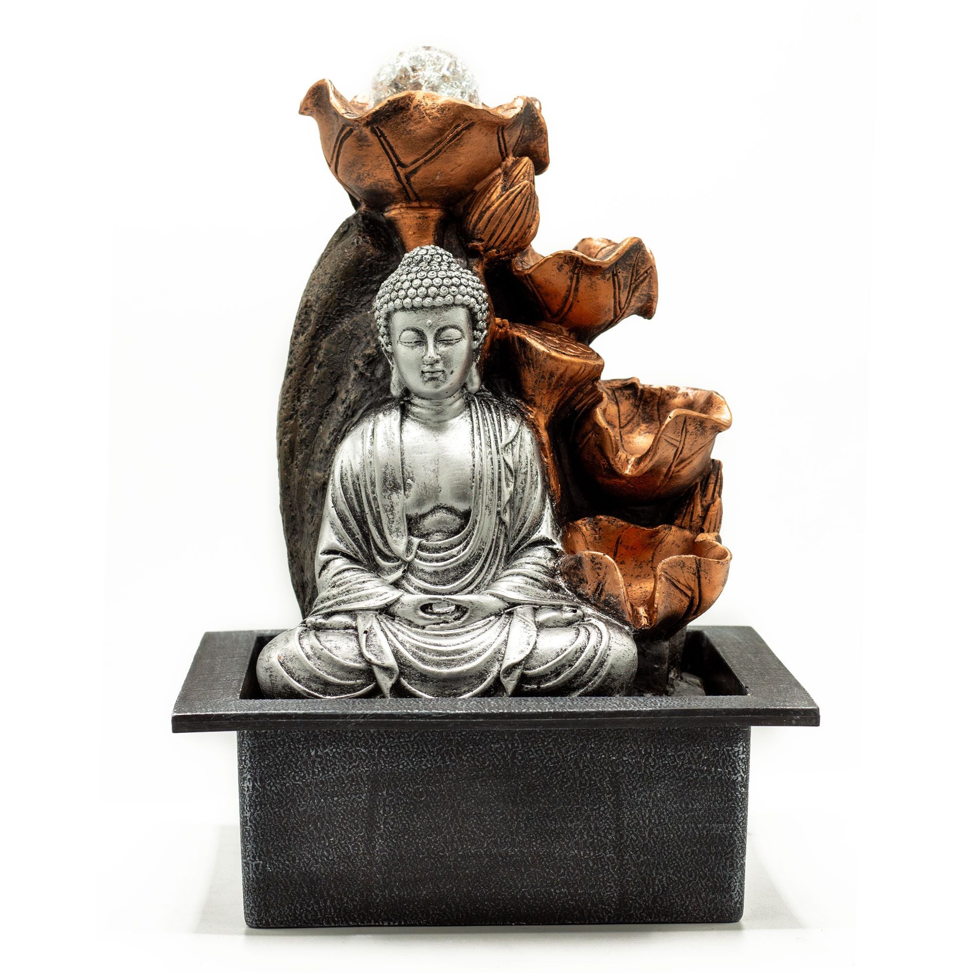 Fonte de Mesa - 35cm - Cascata, Buda Prateado e Bola de Cristal