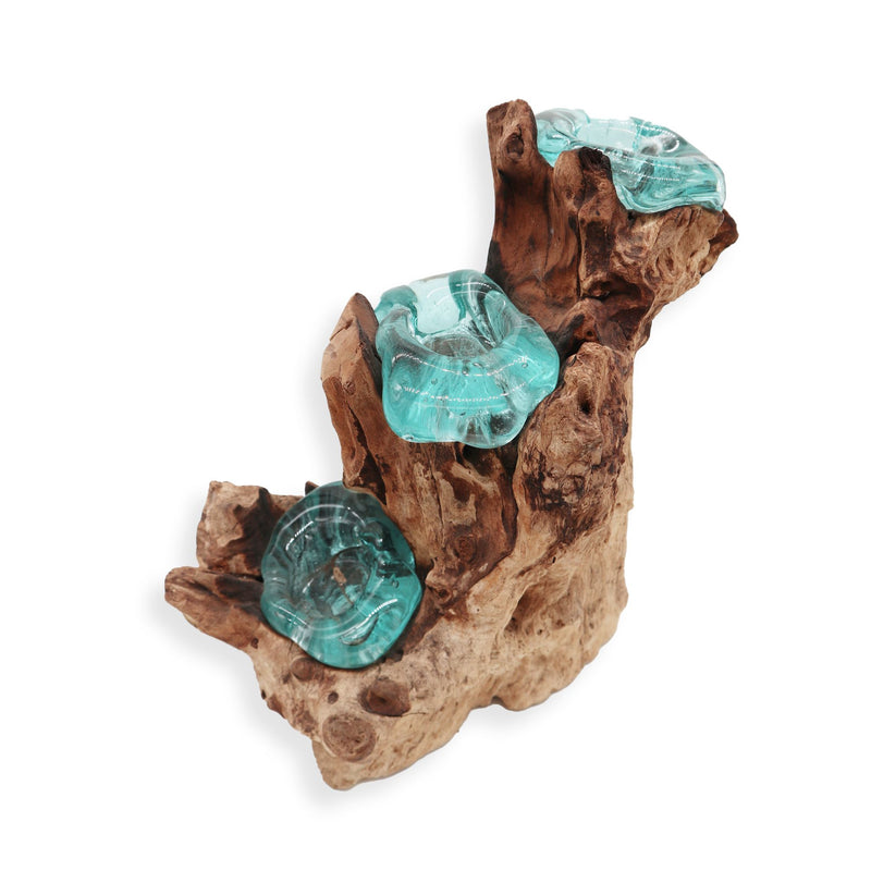 Molton Glass Triple Candle Holder on Wood