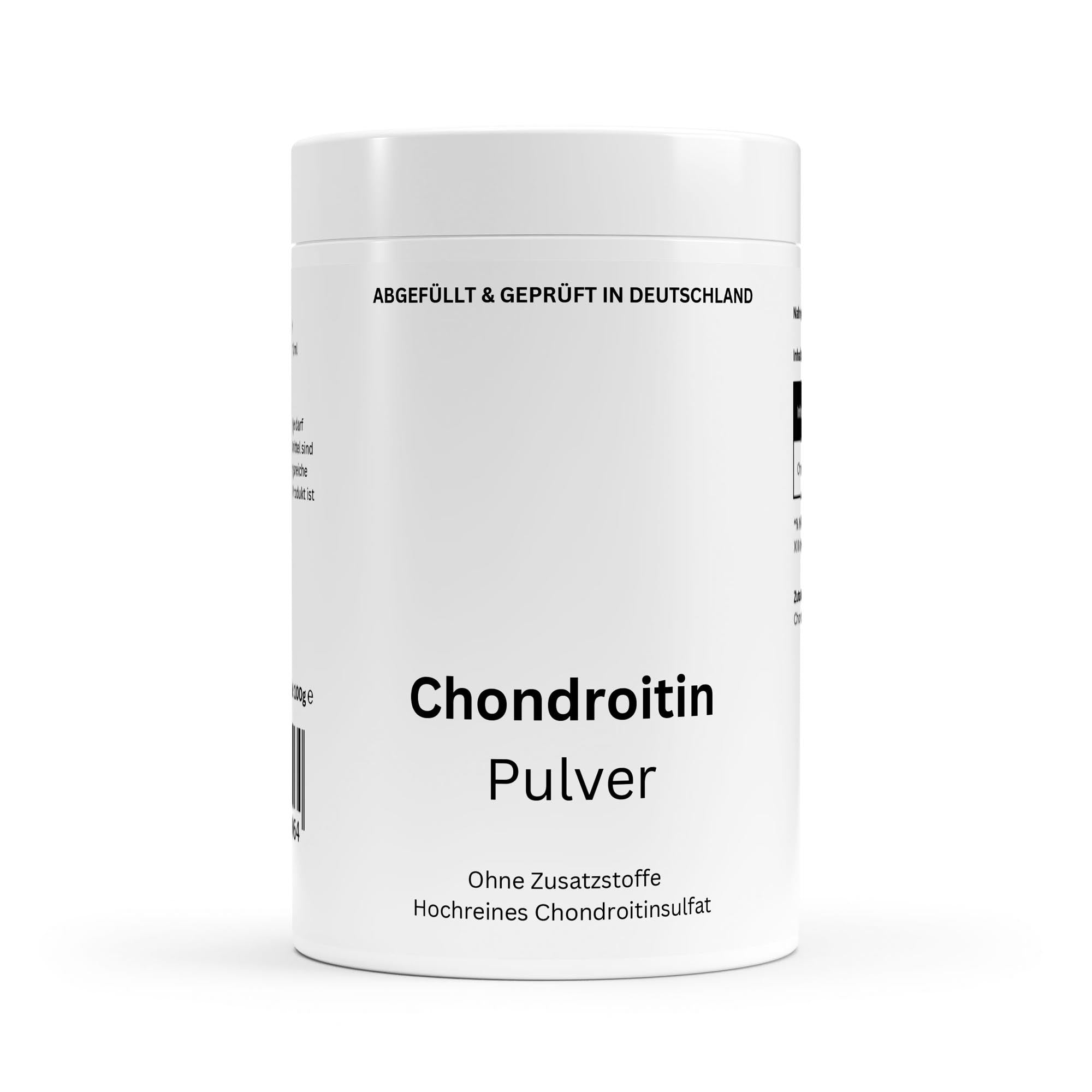 Frasco branco de suplemento chondroitina em pó da ChanceToBrand com rótulo minimalista