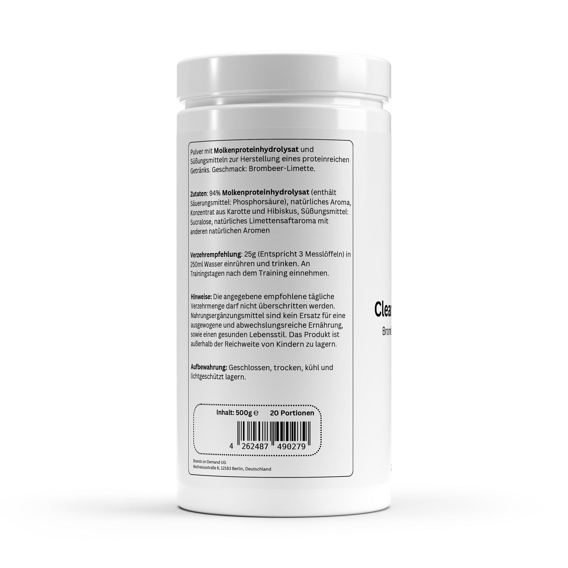 Embalagem branca de proteína em pó sabor limão e amora da ChanceToBrand com informações do produto