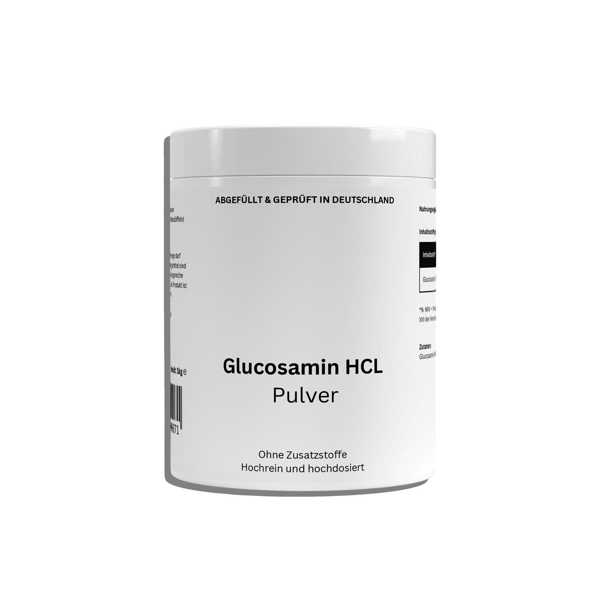 Embalagem branca de glucosamina em pó 1000g ChanceToBrand com rótulo simples e texto em alemão