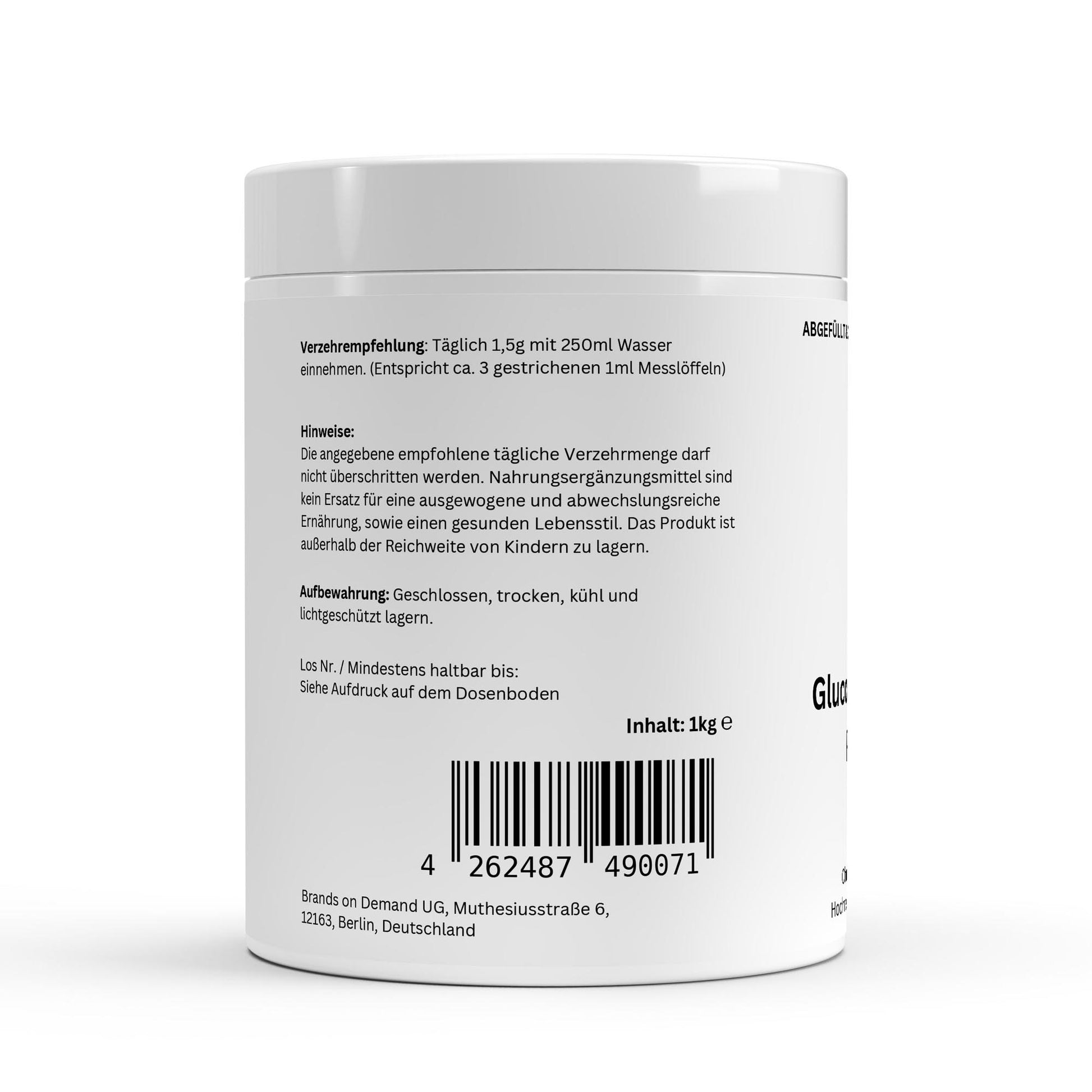 Frasco branco de glucosamina em pó 1000g da ChanceToBrand com rótulo informativo em alemão