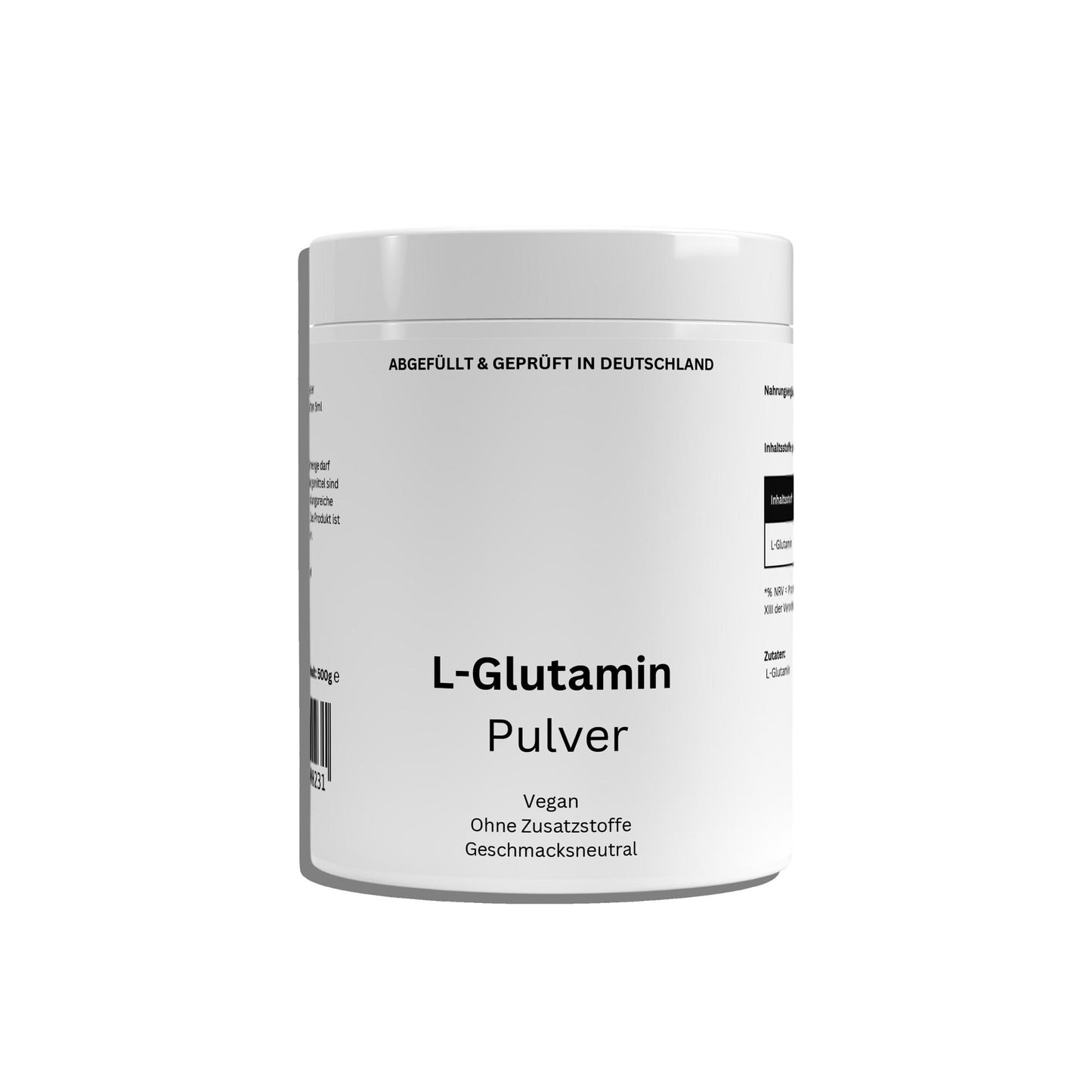 Produto ChanceToBrand l-glutamina em pó em embalagem branca com texto preto e design minimalista