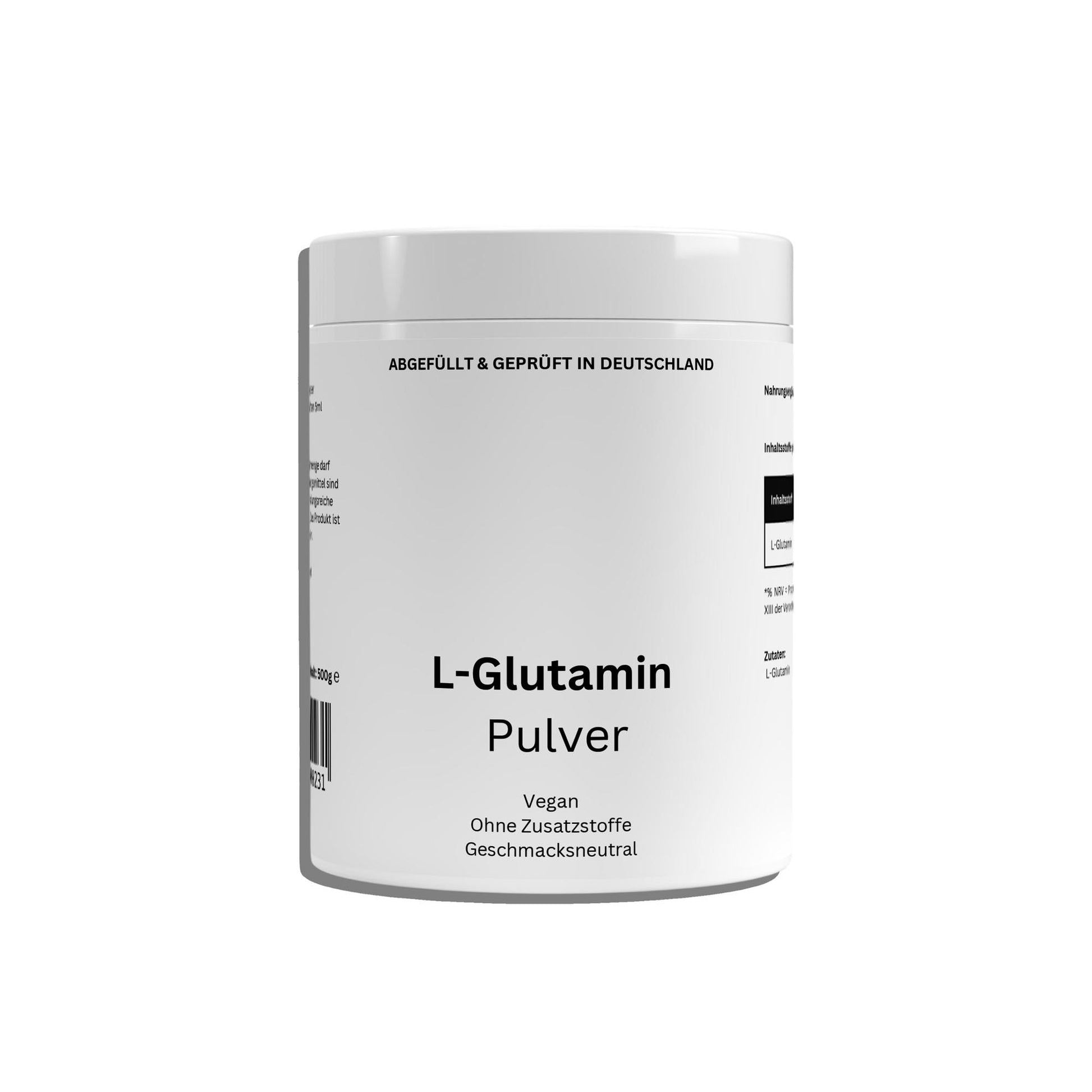Produto ChanceToBrand l-glutamina em pó em embalagem branca com texto preto e design minimalista